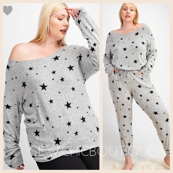 Plus Size Star Print Wide Neck Long Slv Top - Picture 2 of 6